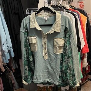 POL French Terry Top with Contrasting Color and Plaid Details in Teal Sage